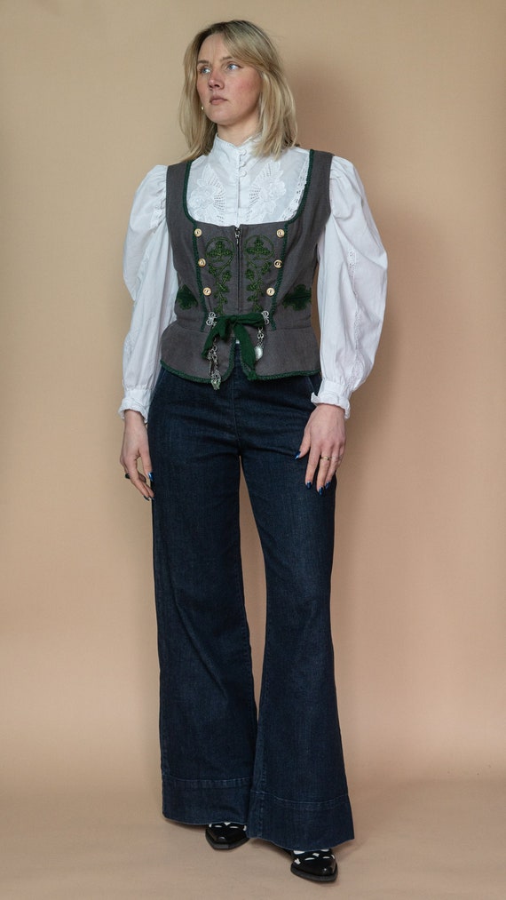 1990s Linen Dirndl Embroidered Corset Top - Size M