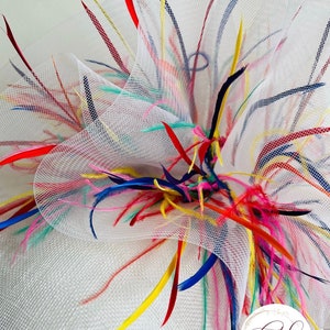 Marcela, white, rainbow feather saucer  Fascinator, suitable for weddings, Ascot, Races, mother of the bride