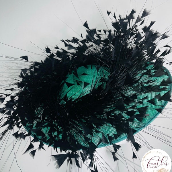 Genevieve - Emerald Saucer with Black feathers Fascinator, suitable for Royal ascot, weddings, mother of the groom, mother of the bride