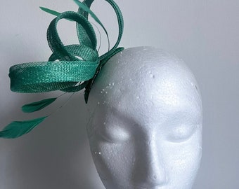 Zoe - small Emerald Green sinamay and feather fascinator, wedding guest, royal ascot racing