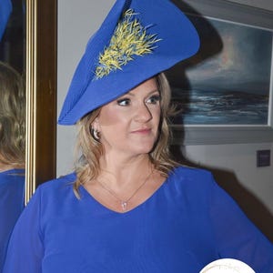 Stephanie - Crinoline  saucer  with Royal Blue & Yellow fascinator, weddings, racing, ladies day, special occasion, mother of the bride
