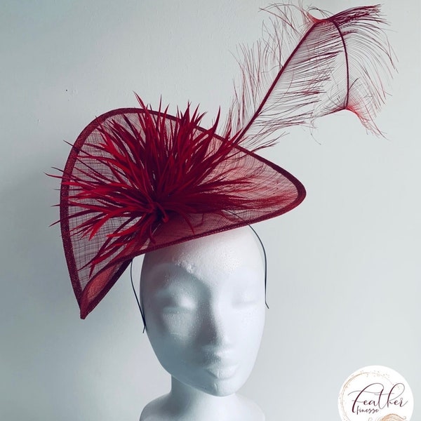 Rebecca - Red  saucer with Ostrich feathers fascinator, clean and simple, wedding guest, Royal Ascot, races, weddings, UK