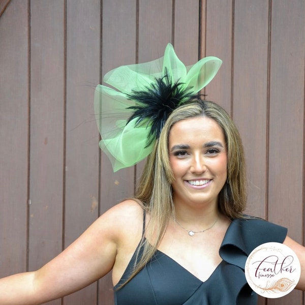 Adeline - Lime Green & Black Crinoline Feather fascinator, suitable for Royal Ascot, wedding, races
