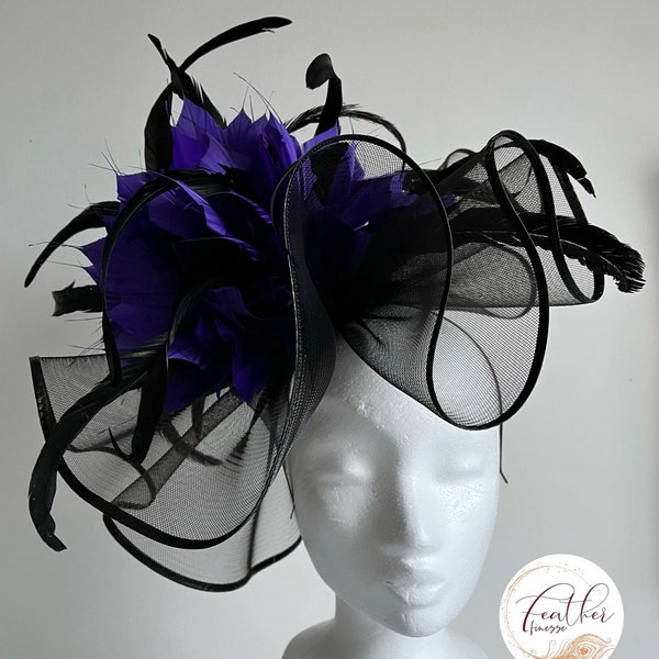 Ursula - Purple & Black WOW showstopper fascinator with feathers weddings, royal ascot, Ladies Day, cheltenham