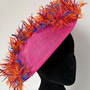 Pink Blue & Orange large disc fascinator hat, perfect for mother of the bride Ladies day Weddings, Royal Ascot, Headpiece headband unique
