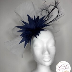 Samantha -  White & Navy sharpe crinoline fascinator, weddings, royal ascot, Ladies Day, cheltenham