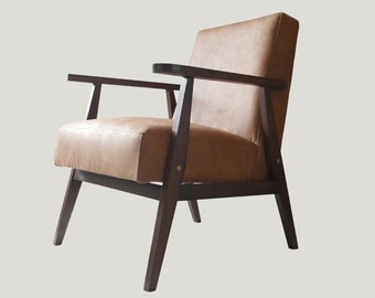 Brown armchair is made of solid wood /70% natural leather/ Loft Retro Vintage OAK BEECH - Rust armchair/Mid century modern