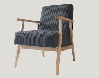 Minimalist oak armchair in black corduroy upholstery with personalisation