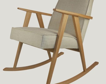 Hybrid oak armchair, classic armchair - rocking chair, upholstery: 100% linen fabric Mid-century modern style