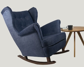 The blue Wingback rocking armchair/ nursing chair // Schaukelstuhl/ Sessel / Choice of upholstery color