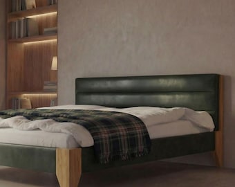 Dark Green Upholstered Bed | Solid Oak Legs, Handmade in EU