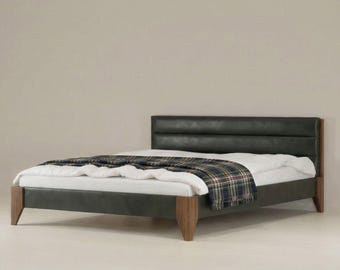 Dark Green Upholstered Bed | Solid Oak Legs, Handmade in EU