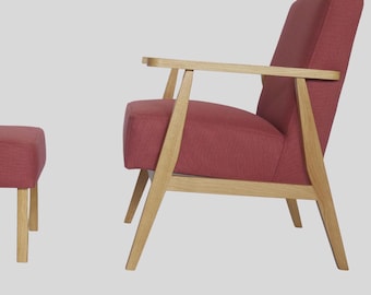 Mid-Century Oak Armchair with Footstool - Raspberry Red English Wool Fire-Resistant Accent Chair - Natural Wood Vintage Reading Chair