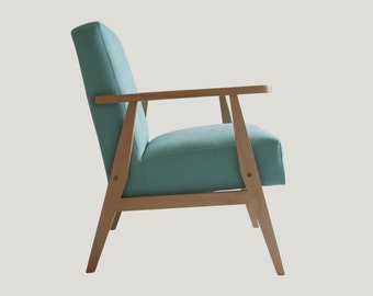 Modern turquoise armchair inspired by mid-century in oak or beech wood, hand made in a craft workshop