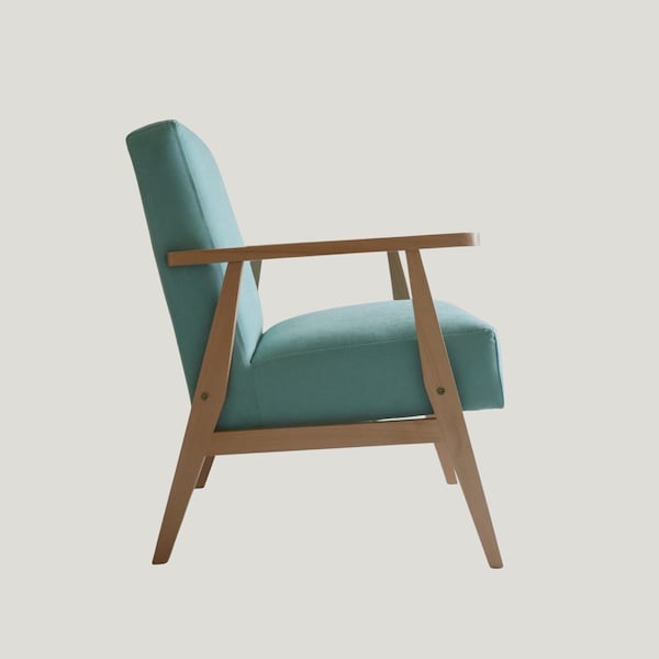 Modern turquoise armchair inspired by mid-century in oak or beech wood, hand made in a craft workshop