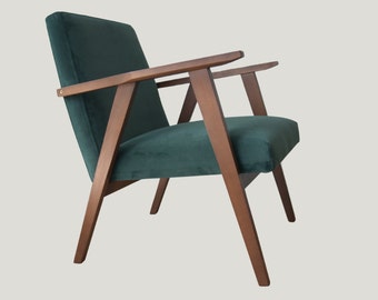 Armchair in bottled green velvet fabric and stain brown beech / Modern chair / lounge chair / chairs for lounge