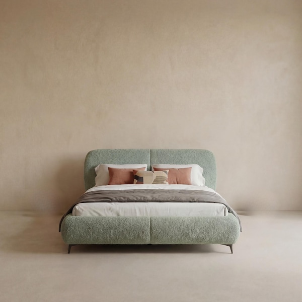 STRATUS Boucle-säng med förvaring | Rundad organisk design, mysig klädsel, moderna sovrumsmöbler