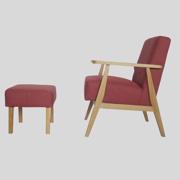Moderner Sessel aus Eichenholz in 100 natürlicher Wollbindung - Sessel in Himbeerfarbe, sessel mit hocker
