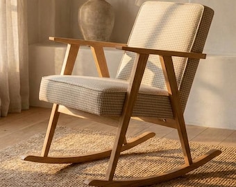 Mid-Century Modern Oak Rocking Armchair: 100% Linen Upholstery