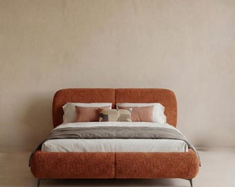 Burnt Orange Chenille Bed Frame 140x200 cm, Organic Modern Design, Storage