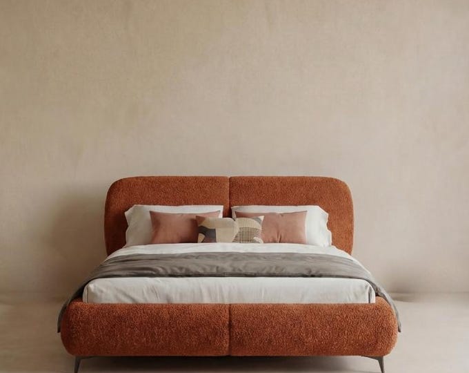 Featured listing image: Burnt Orange Chenille Bed Frame 140x200 cm, Organic Modern Design, Storage