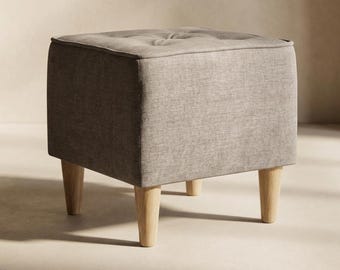 OTTO | Upholstered Footstool | Cube Ottoman 40x40 cm | Oak Legs | Brown Beige Pouf
