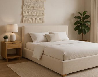 Minimalist upholstered bed - with a choice of upholstery and customisable dimensions.