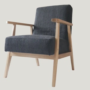 Minimalist oak armchair in black corduroy upholstery with personalisation