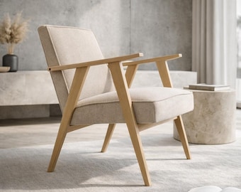 Creamy upholstered oak armchair - 60s Scandinavian STYLE