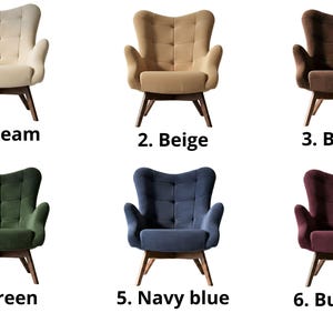 May include: Six wingback armchairs with tufted backrests and wooden legs, displayed in cream, beige, brown, green, navy blue, and burgundy. Each chair is labelled with its corresponding number and colour name, including 1. Cream, 2. Beige, 3. Brown, 4. Green, 5. Navy blue, and 6. Burgundy.
