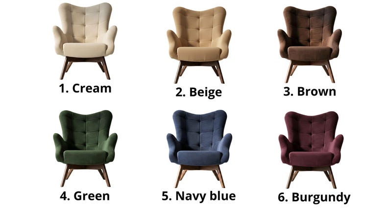 May include: Six wingback armchairs with tufted backrests and wooden legs, displayed in cream, beige, brown, green, navy blue, and burgundy. Each chair is labelled with its corresponding number and colour name, including 1. Cream, 2. Beige, 3. Brown, 4. Green, 5. Navy blue, and 6. Burgundy.