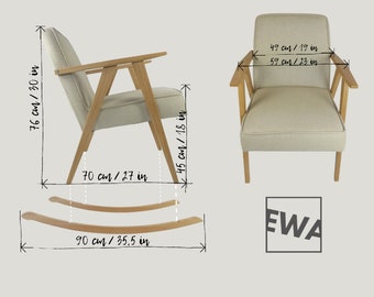 Handmade Solid Oak Armchair - Convertible into a Rocking Chair - Linen and Cotton Upholstery, Herringbone Beige and Cream