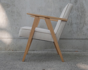 Handmade Solid Oak Armchair - Convertible into a Rocking Chair - Linen and Cotton Upholstery, Herringbone Beige and Cream