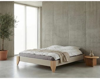 Minimalist Platform Bed Frame Without Headboard | Solid Oak Legs | ECO Fabric | Custom Size & Color | Handmade Europe