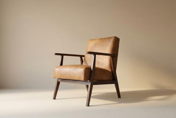 Solid wood and faux leather armchair – mid century modern retro style
