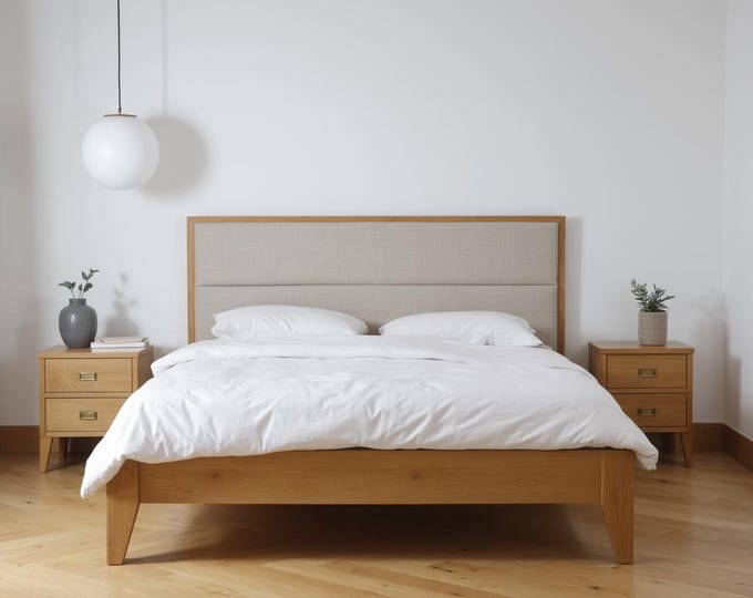 Featured listing image: Minimalist Solid Oak Bed – Handmade Wooden Bed Frame with Natural Linen Headboard – Eco-Friendly & Scandinavian Design