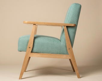 Modern oak armchair with mint upholstery -inspired mid-century modern