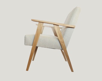 Linen-Cotton Blend Armchair: cream upholstery on an oak frame