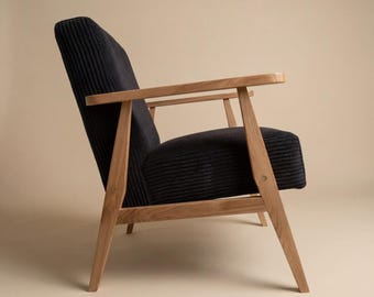 Minimalist Oak Armchair | Black Corduroy Upholstery | Solid Wood Frame | Sustainable Handcrafted Scandinavian Chair
