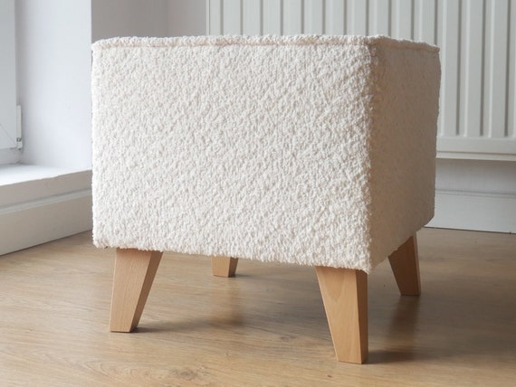 Minimalist Upholstered Stool With Wooden Legs Boucle Fabric Pouffe Armchair Footrest for a Cozy Living Space Etsy