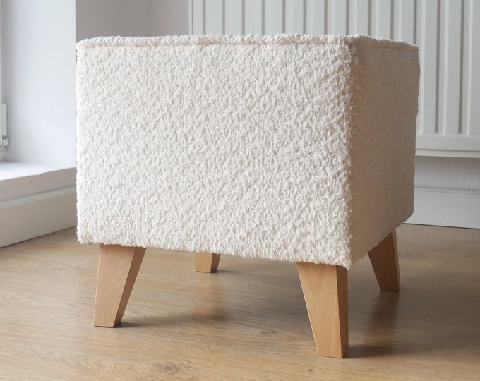 Featured listing image: Minimalist upholstered stool with wooden legs, boucle fabric pouffe, armchair footrest  for a Cozy Living Space