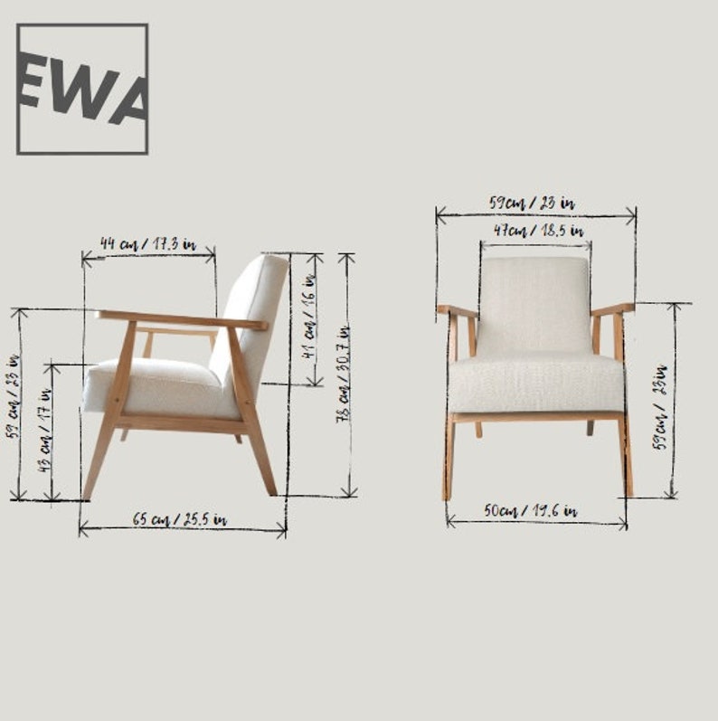 Nouveau fauteuil en chêne avec revêtement en fibre naturelle crème lin 65% coton 35 inspiré du style Mit-Century Modern. image 9