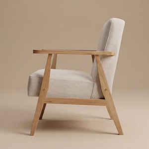 Solid Oak Armchair – Mid-Century Modern Natural ( Linen/Cotton ) Upholstery