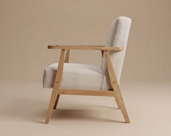 Solid Oak Armchair – Mid-Century Modern Natural ( Linen/Cotton ) Upholstery