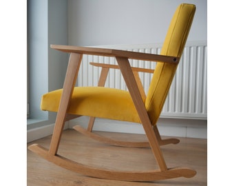 Oak rocking chair in velvet upholstered with a choice of color / hand-made rocker in Europe / relaxing armchair / nursing armchair