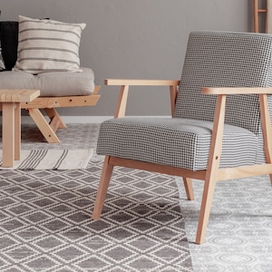 Modern wooden houndstooth fabric armchair - customisable colours, durable for domestic and commercial use