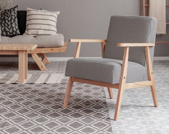 Modern wooden houndstooth fabric armchair - customisable colours, durable for domestic and commercial use