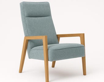 YVA – Elegant Upholstered Armchair with High Backrest & Oak Frame, Scandinavian/Japandi Style,  Customizable Lounge Chair