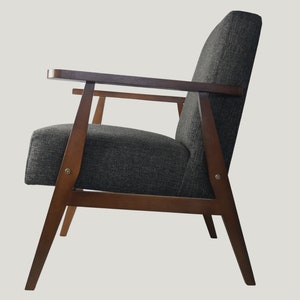 Handmade Grey Armchair: Mid-Century Modern Style, Dark Oak Frame