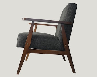 Grey mid-century modern style armchair with dark brown oak frame - handmade minimalist vintage inspired seating